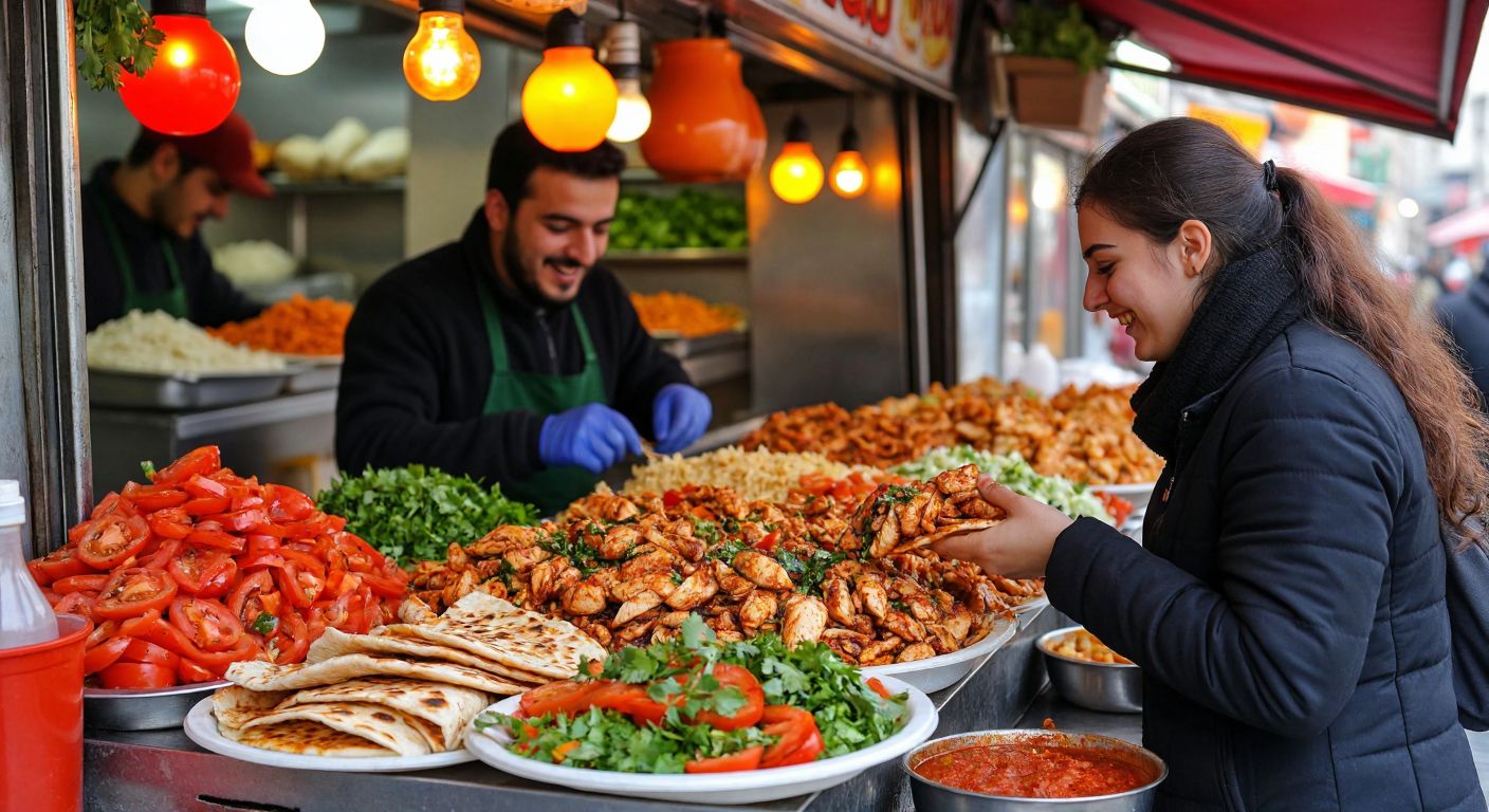 A vibrant street food stall in Turkey serves freshly made tavuk tantuni with juicy chicken strips, colorful vegetables, and warm lavash bread, while a health-conscious customer smiles and inspects the dish.