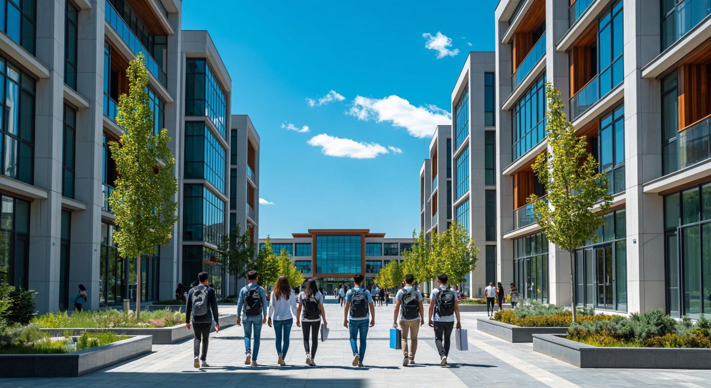 A modern university campus in Ankara with students walking between buildings, some holding medical books, engineering blueprints, or law textbooks, under a bright blue sky.