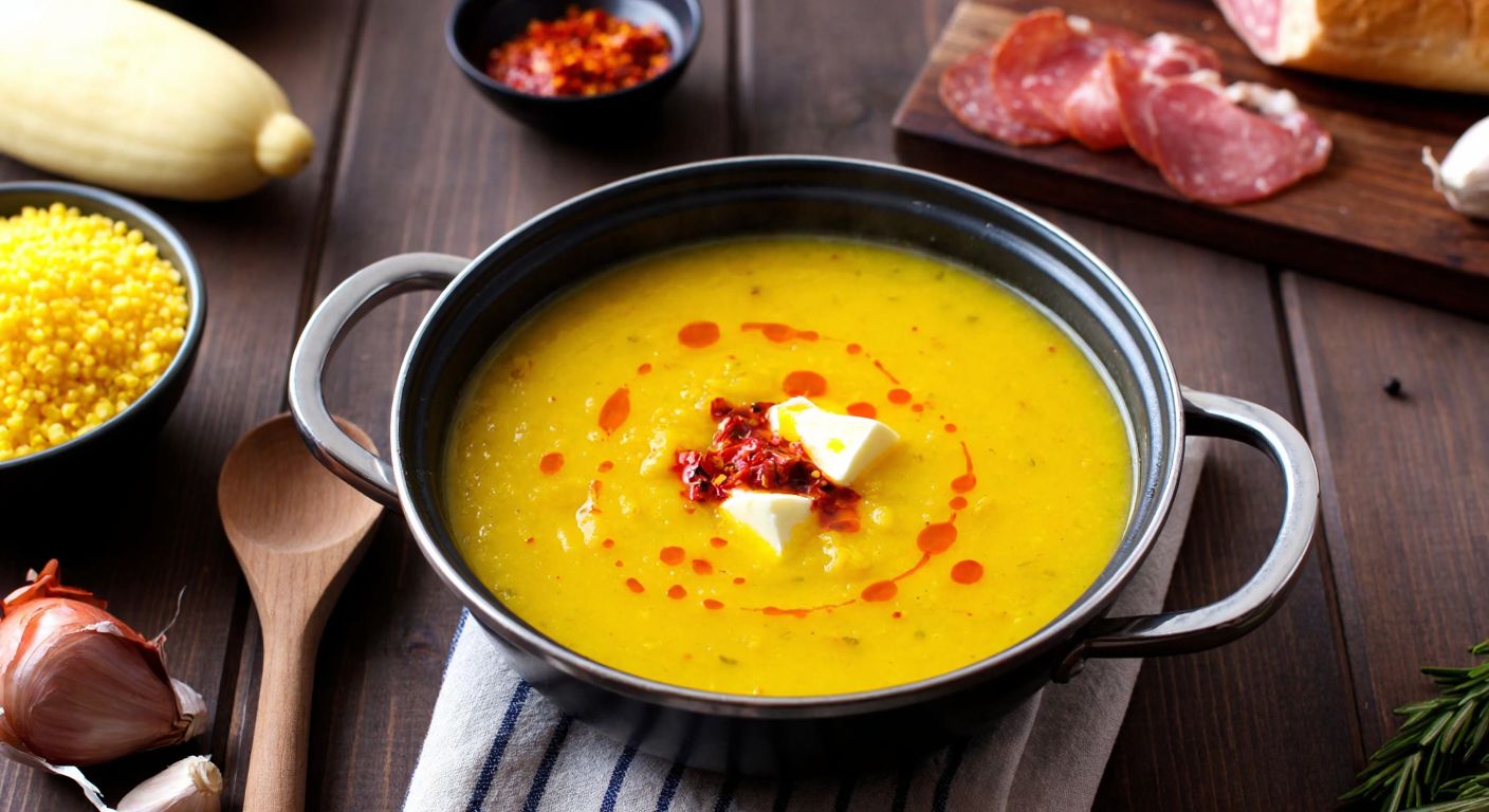 A rustic Turkish kitchen with a steaming pot of golden-yellow *pumpum çorbası* on a wooden table, topped with sizzling red pepper-infused butter, surrounded by fresh ingredients like cornmeal, cured meat, and a wooden spoon resting nearby.