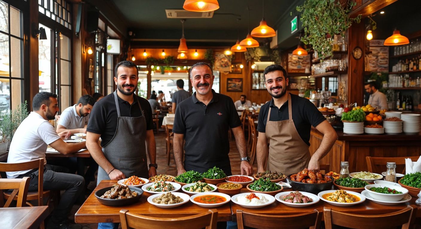 A bustling Turkish restaurant with warm lighting, wooden tables laden with meze plates, and two proud owners—one in Istanbul (a middle-aged man with a friendly smile) and another in Manisa (a younger man in an apron)—greeting guests.