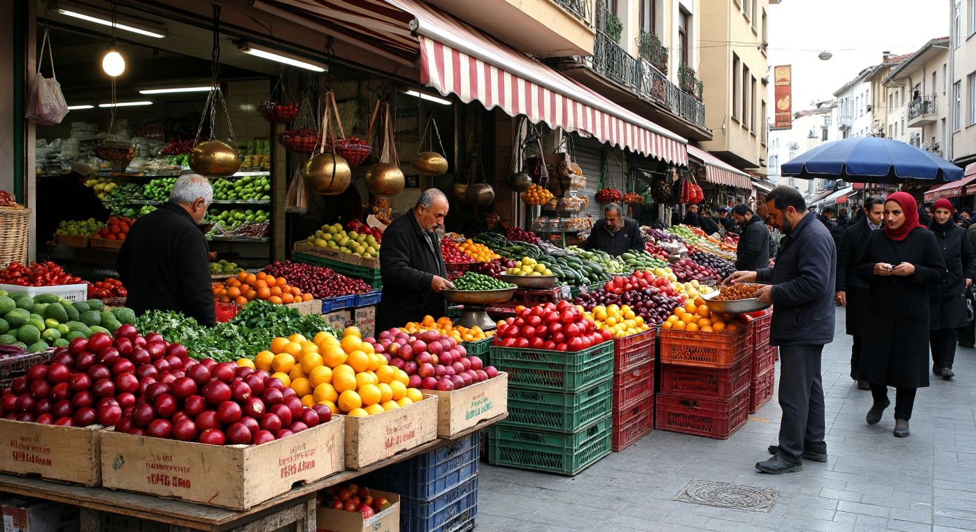A bustling Turkish marketplace with vendors weighing fresh produce on old brass scales, shoppers comparing prices with furrowed brows, and crates of colorful fruits and vegetables stacked unevenly under a striped awning.