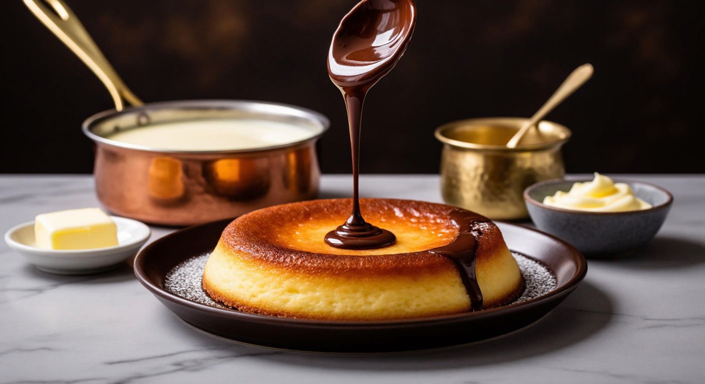 A warm, glossy chocolate sauce slowly drizzling over a golden-brown dessert in a Turkish kitchen, with a small pot of melting butter and a bowl of cream nearby on a marble countertop.