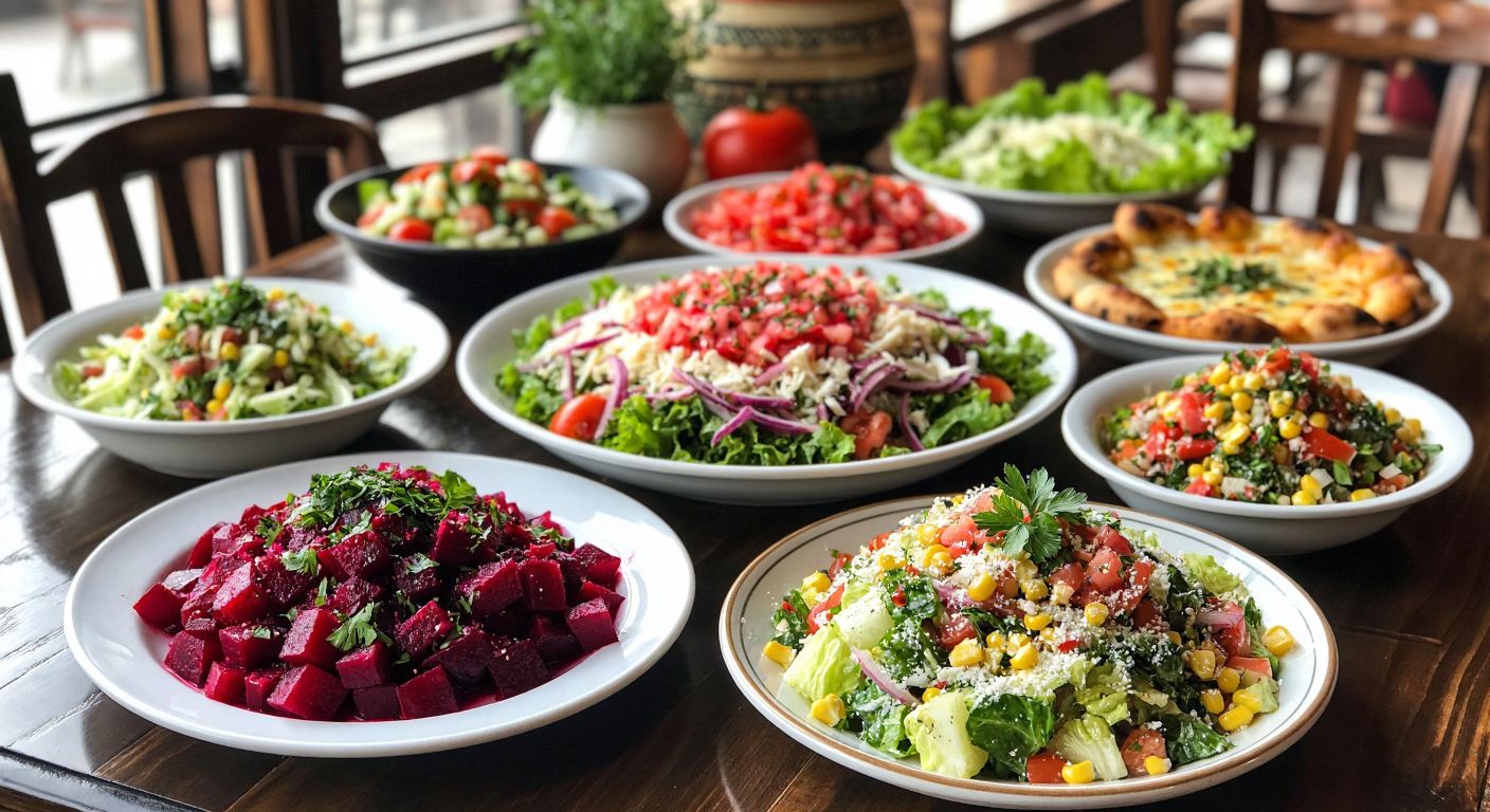 A vibrant Turkish dining table set with colorful salads—bright red beet salad, crisp Caesar salad with parmesan, shredded white cabbage salad, chunky Gavurdağı salad with fresh vegetables, celery salad with corn, and a refreshing yogurt-drizzled purslane salad—arranged beside a steaming main dish, evoking warmth and hospitality.