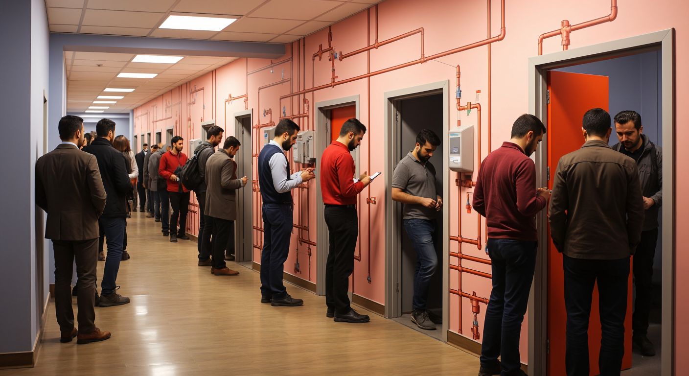 A crowded Turkish office building hallway with separate men's and women's restroom doors, workers queuing outside, and a maintenance worker checking a clipboard near a wall-mounted plumbing diagram.