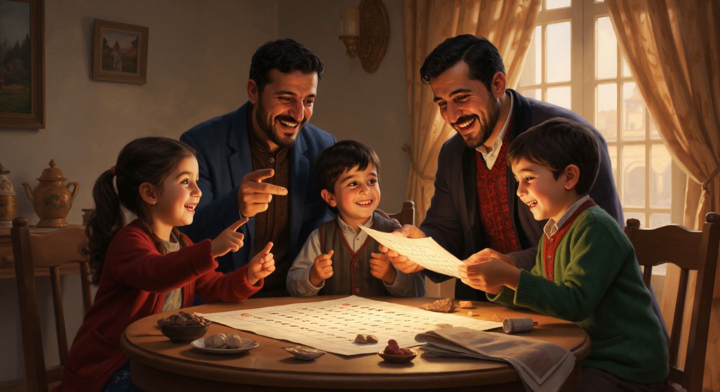 A cheerful Turkish family sitting around a table with a traditional tear-off calendar, the father pointing excitedly at the September page while the children count on their fingers.