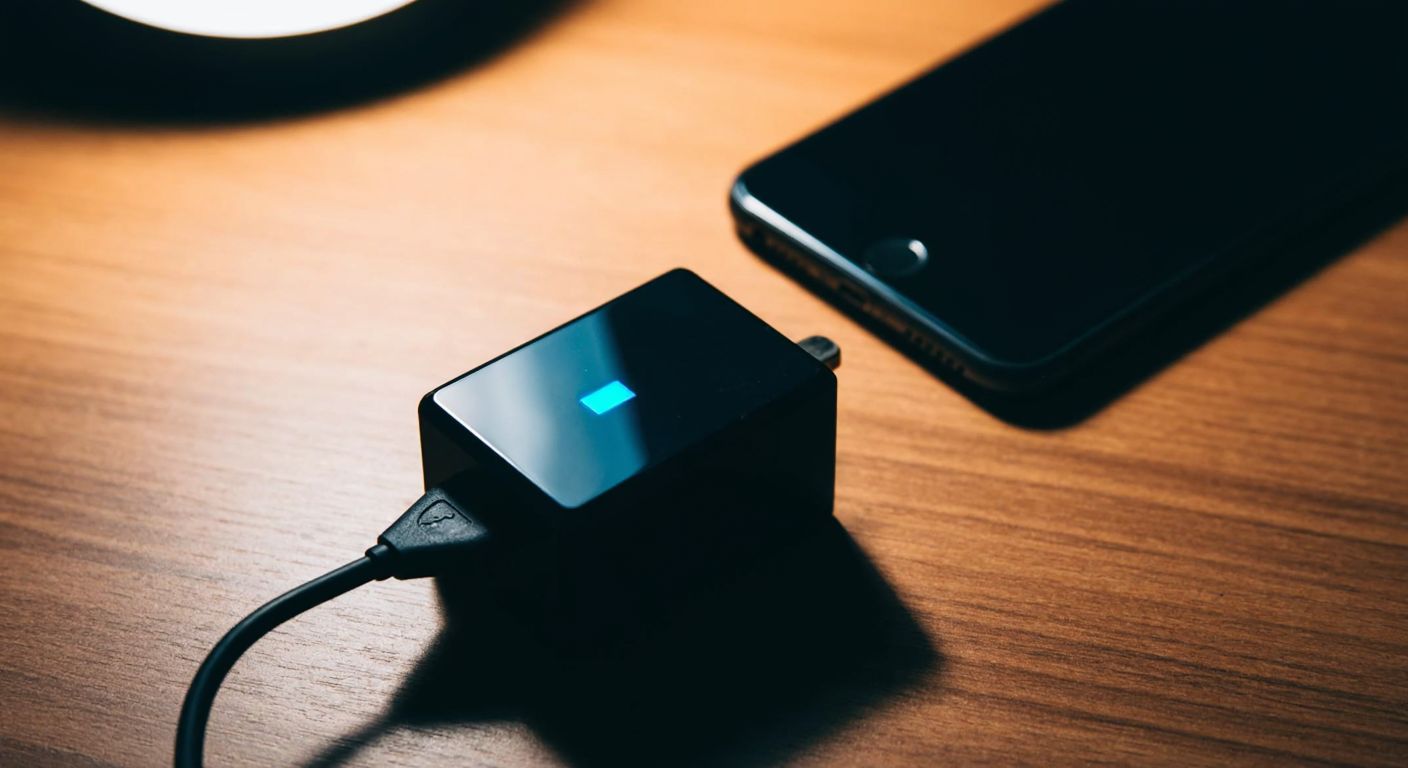 A sleek black charger with a glowing blue LED light sits on a wooden table beside a modern smartphone, surrounded by subtle shadows and warm ambient lighting.