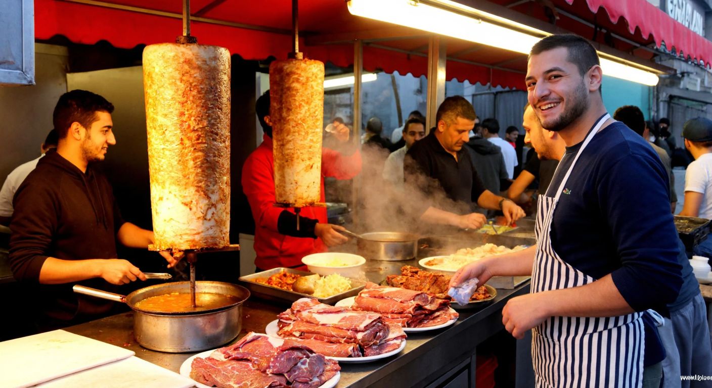 A bustling Turkish street food stall with a vertical rotating döner kebab, steam rising from freshly sliced meat, and a smiling vendor in an apron serving customers.