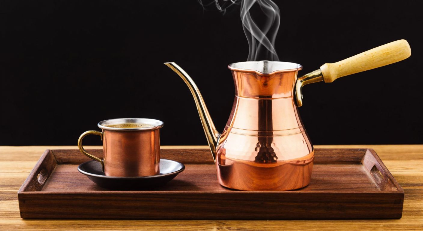 A gleaming copper Turkish coffee pot with a bronze handle, resting on a traditional wooden tray beside a small cup, with steam rising from its silver-lined spout, evoking warmth and craftsmanship.