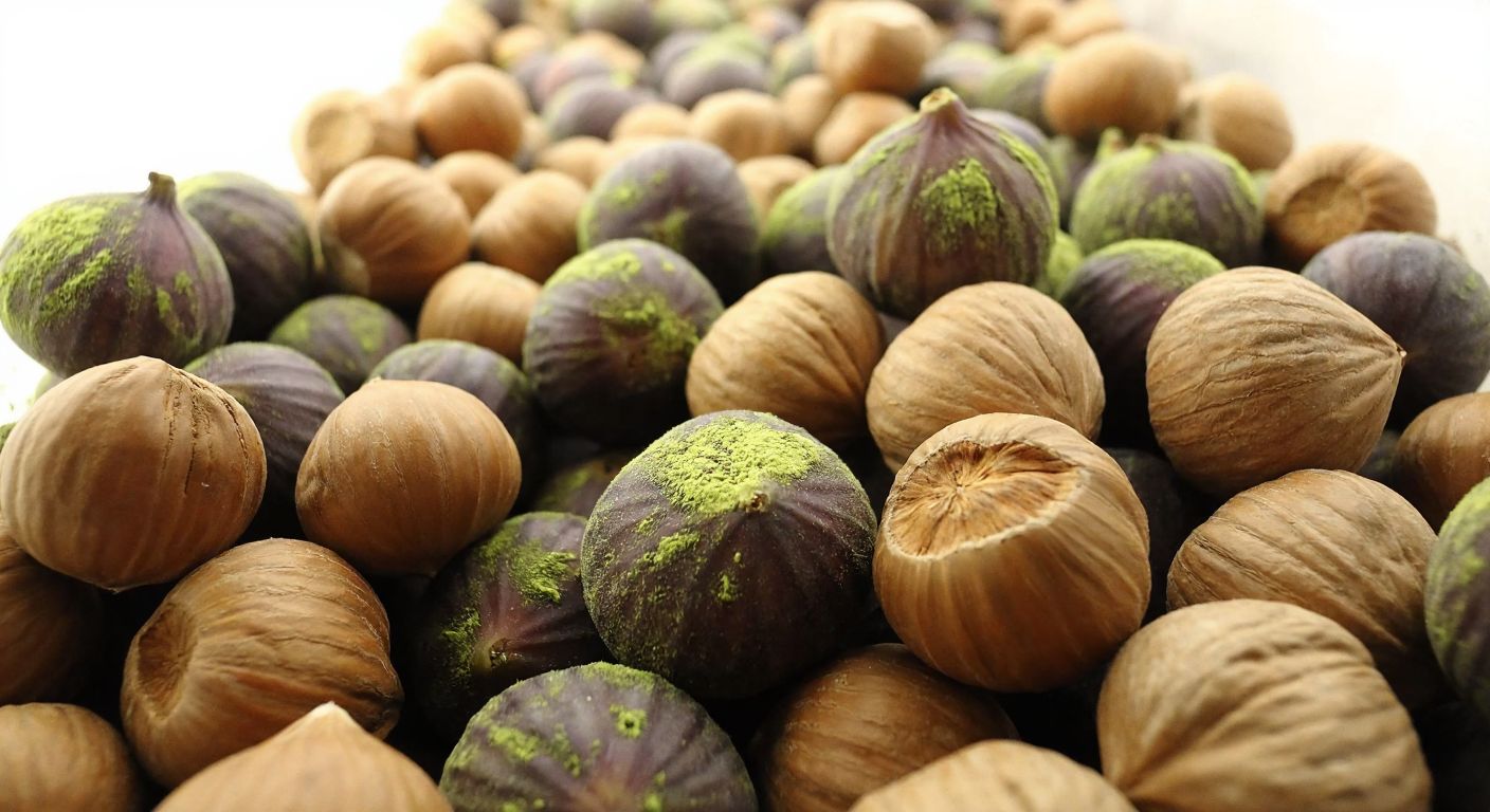 A close-up of mold-covered Turkish hazelnuts and figs in a warm, humid storage room, with greenish-blue fungal spores spreading visibly.