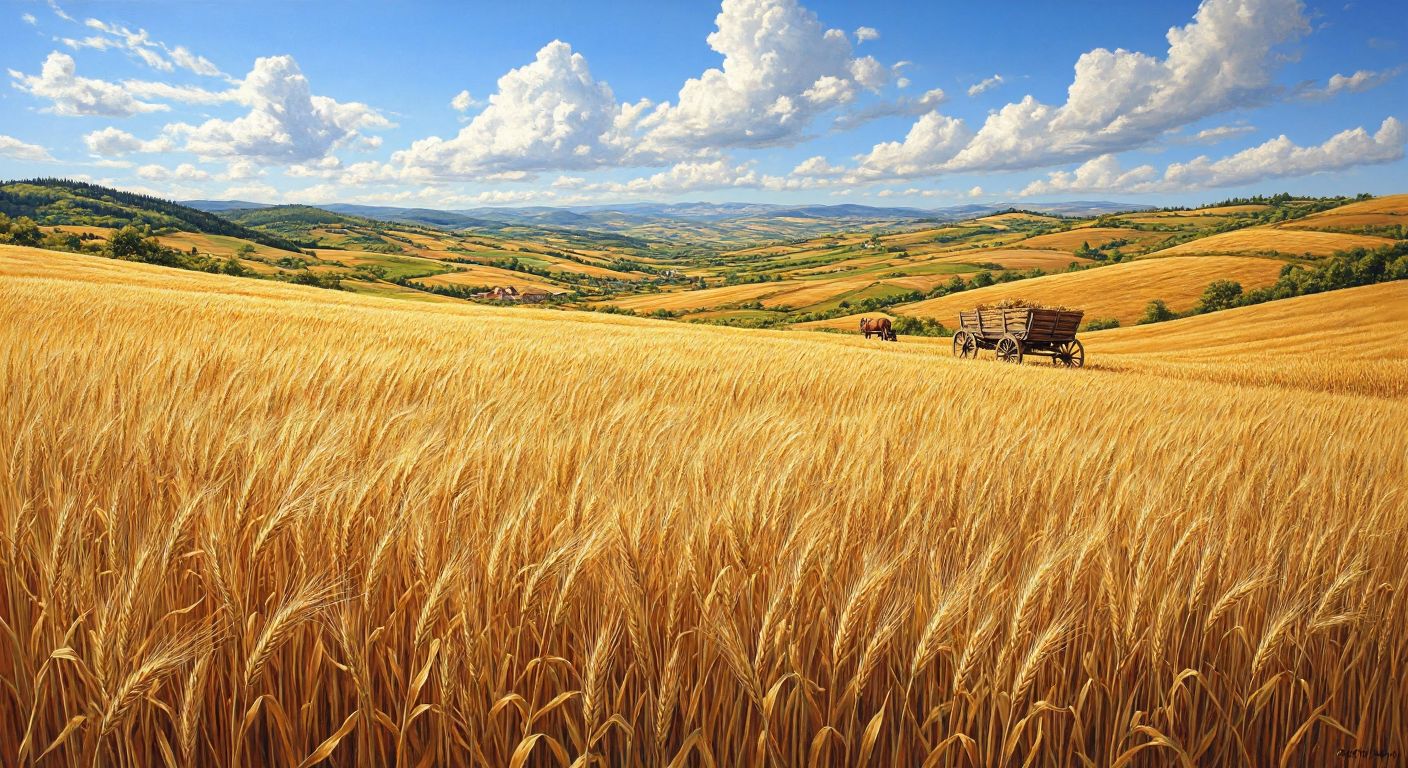 A golden field of siyez wheat swaying under the sun, with the rolling green hills of Kastamonu in the background and a traditional wooden cart nearby.