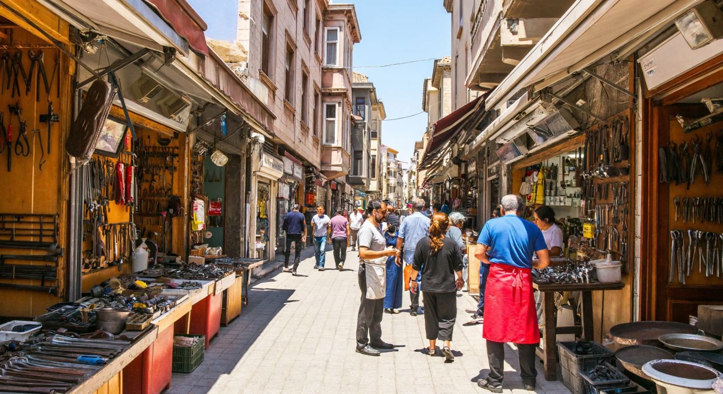 A bustling narrow street in İzmir’s Konak district, lined with small hardware shops displaying tools and metal goods, with vendors in aprons chatting with customers under the warm Mediterranean sun.