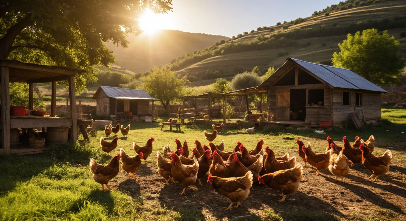 A sunlit Turkish countryside farm with free-roaming chickens pecking at organic feed on lush green grass, surrounded by wooden coops and rolling hills.