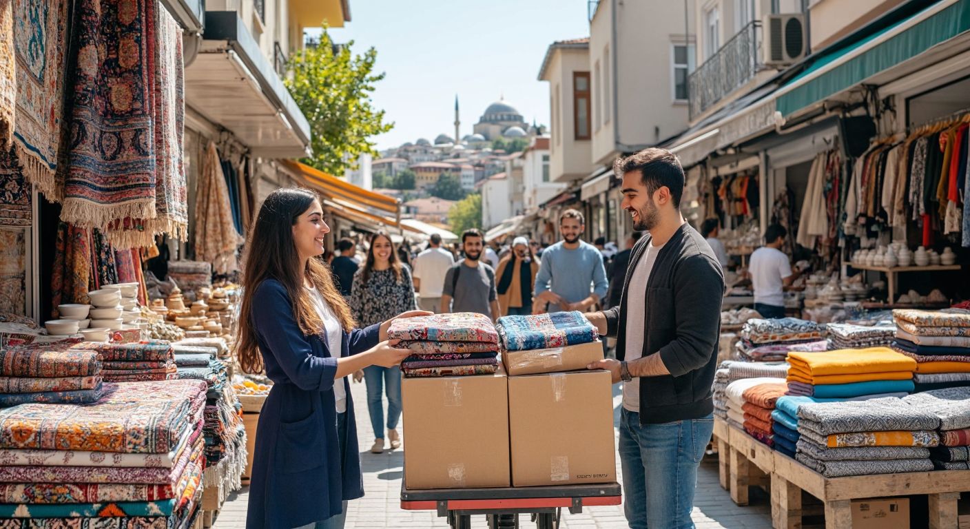 A bustling Turkish marketplace with diverse vendors—a young e-commerce seller packing colorful textiles, a social media influencer holding handmade ceramics, and a startup owner loading boxes onto a delivery truck, all exchanging goods with confident smiles under a sunny sky.