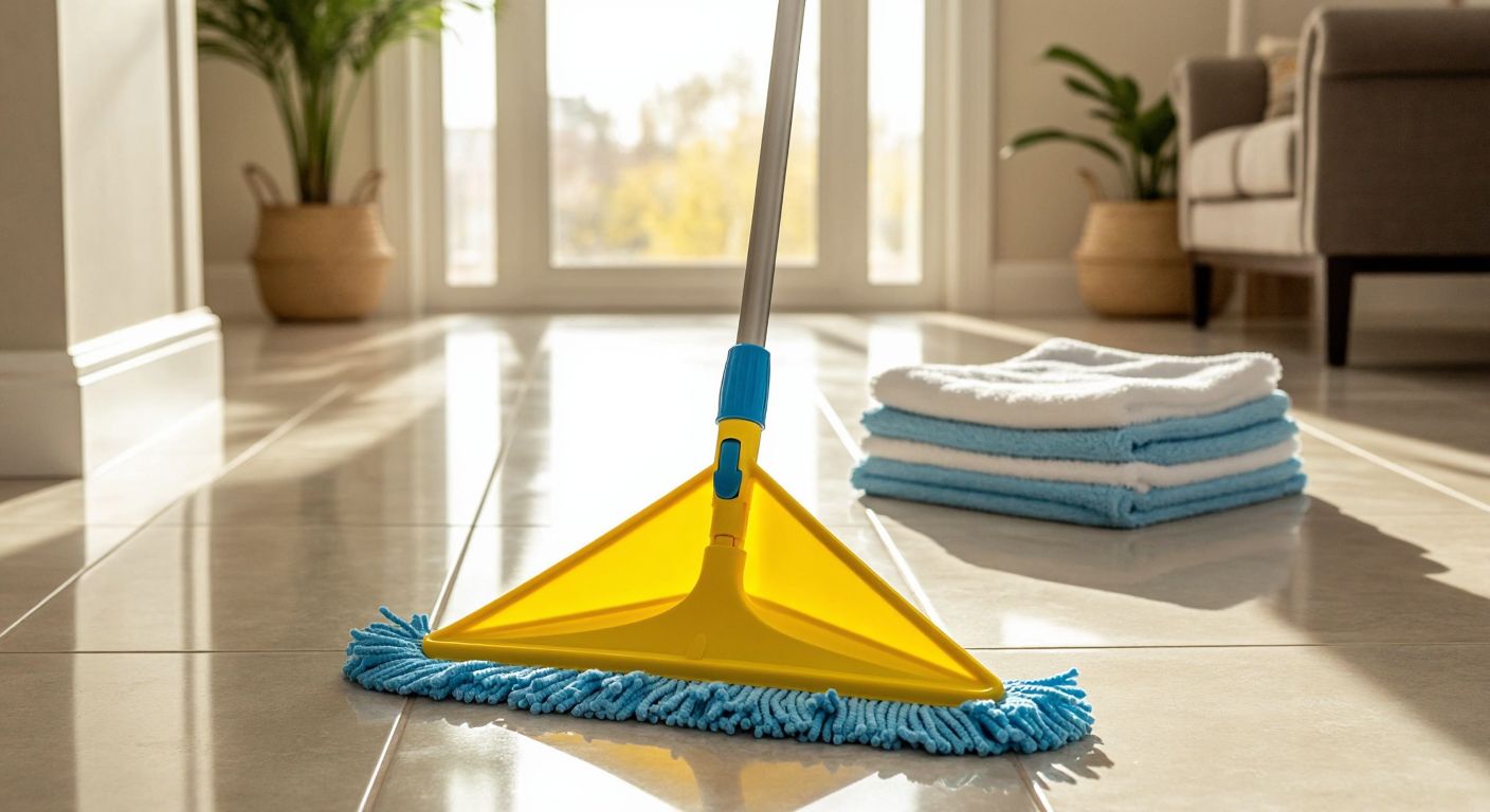 A bright yellow Vileda mop with a detachable triangular mop head and a sturdy blue handle stands upright on a tiled floor in a sunlit Turkish home, surrounded by neatly arranged microfiber cloths and spare mop heads in a cleaning caddy.