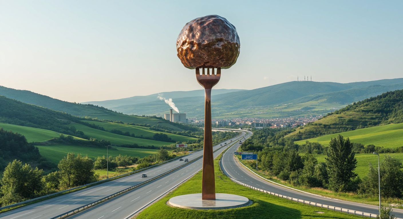 A towering bronze sculpture of a juicy meatball skewered on a fork, standing proudly by a sunlit highway intersection near İnegöl, with rolling green hills and a distant factory in the background.