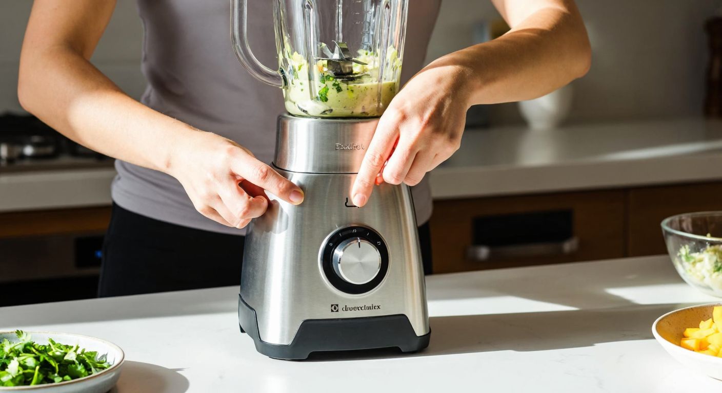 A close-up of hands carefully twisting a stainless steel blender attachment onto the base of an Electrolux blender on a sunlit kitchen counter in Turkey, with a bowl of chopped vegetables nearby.