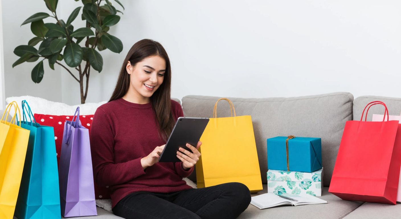 A young Turkish woman in a cozy home setting, smiling while browsing a tablet surrounded by colorful shopping bags and trendy fashion items.