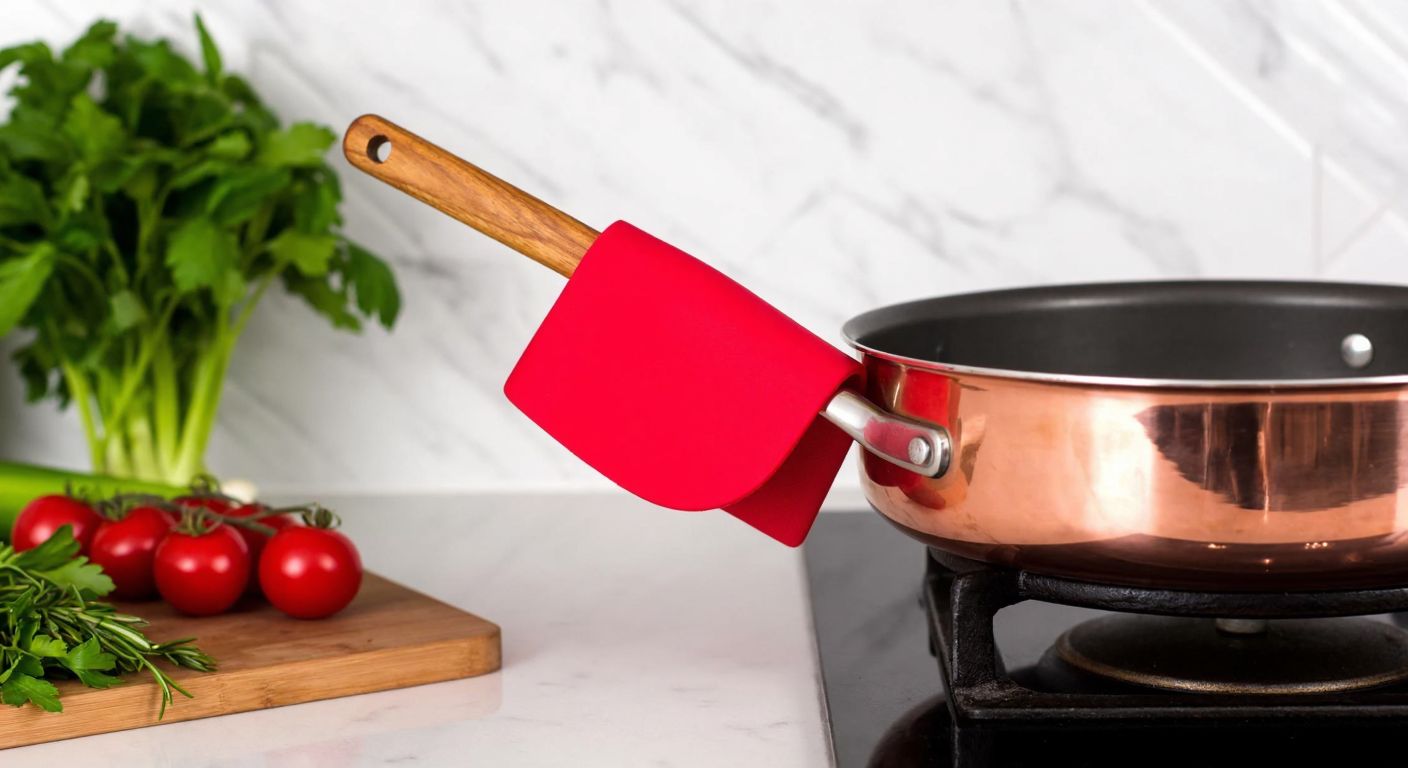 A bright red silicone pot holder clipped to the edge of a sizzling copper pan in a Turkish kitchen, holding a wooden spoon above a marble countertop with fresh herbs and vegetables nearby.