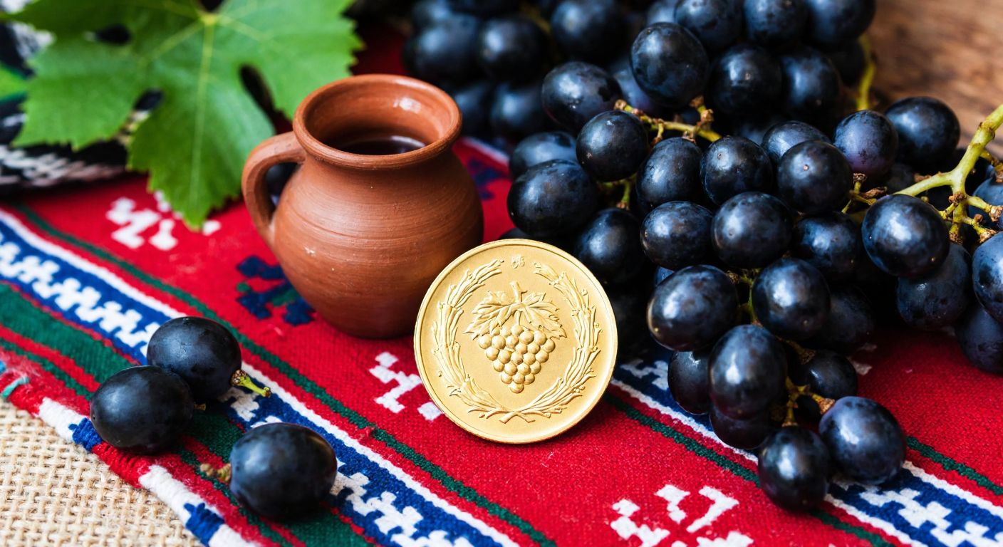 A golden coin with a grapevine design rests on a traditional Georgian textile, surrounded by ripe grapes and a small clay jug of wine.