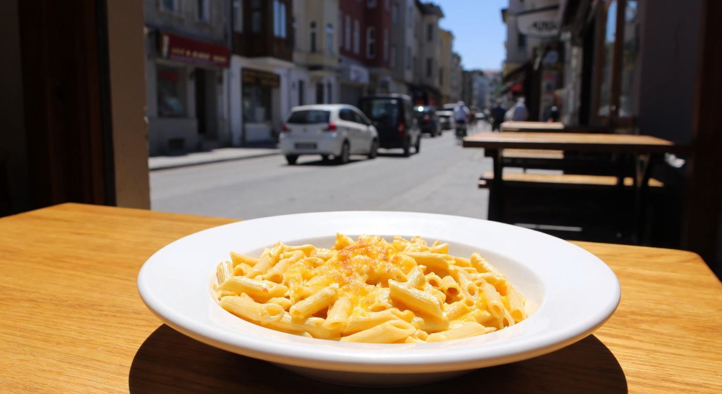 A steaming plate of golden mac and cheese sits on a wooden table in a cozy Kadıköy eatery, with the bustling streets of Yeldeğirmeni visible through a sunlit window.