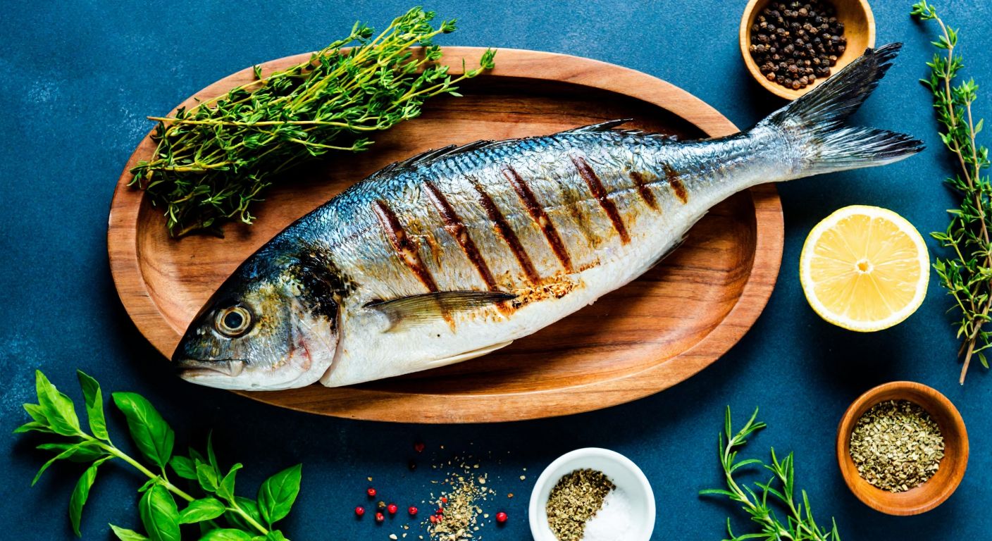 A freshly grilled palamut fish on a rustic wooden platter, surrounded by small bowls of black pepper, thyme, coriander powder, tarragon, and cumin, with a lemon wedge and sprigs of fresh herbs nearby.