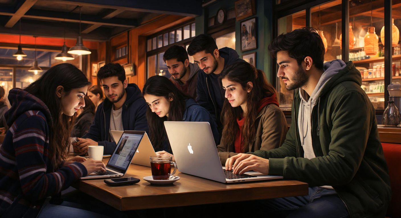 A diverse group of young and adult students in a cozy Turkish café, attentively watching online courses on laptops, with a warm, inviting atmosphere and steaming cups of çay in the background.