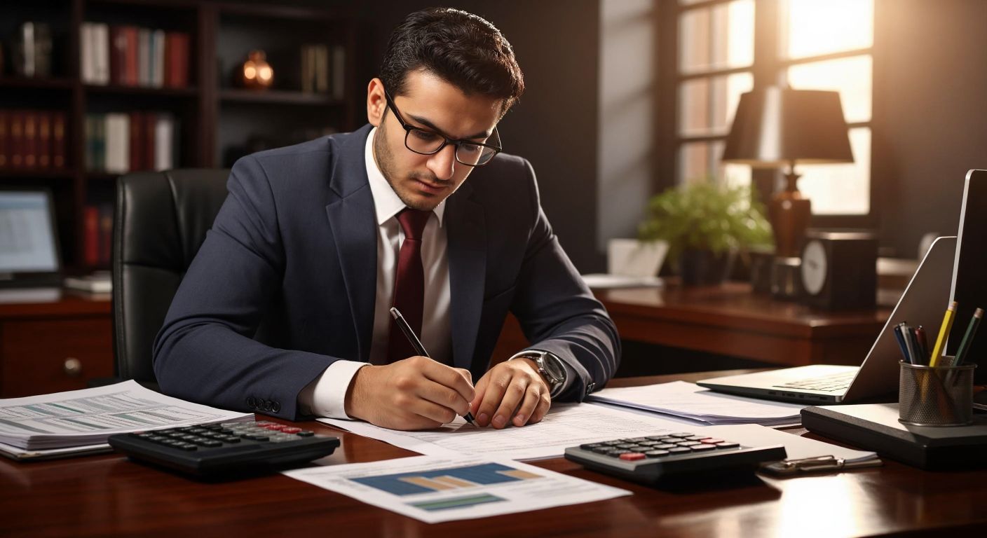 A Turkish accountant in a well-lit office, wearing glasses and a focused expression, carefully writing in a ledger with a calculator and financial documents neatly arranged on a wooden desk.