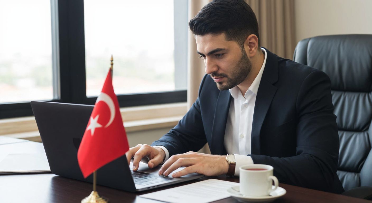 A focused Turkish professional in a formal office setting carefully types on a laptop, with a neatly organized desk featuring a small Turkish flag and a cup of çay, embodying professionalism and attention to detail.