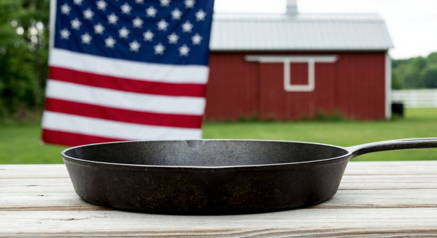 A sturdy cast iron skillet with a rustic, well-seasoned surface sits on a wooden table against a backdrop of an American flag and a red barn.