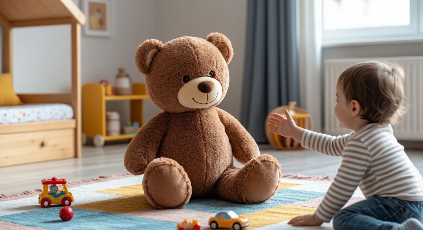 A soft, plush brown teddy bear with a friendly expression sits on a colorful rug in a cozy Turkish children's room, surrounded by small toys and a smiling toddler reaching out to hug it.