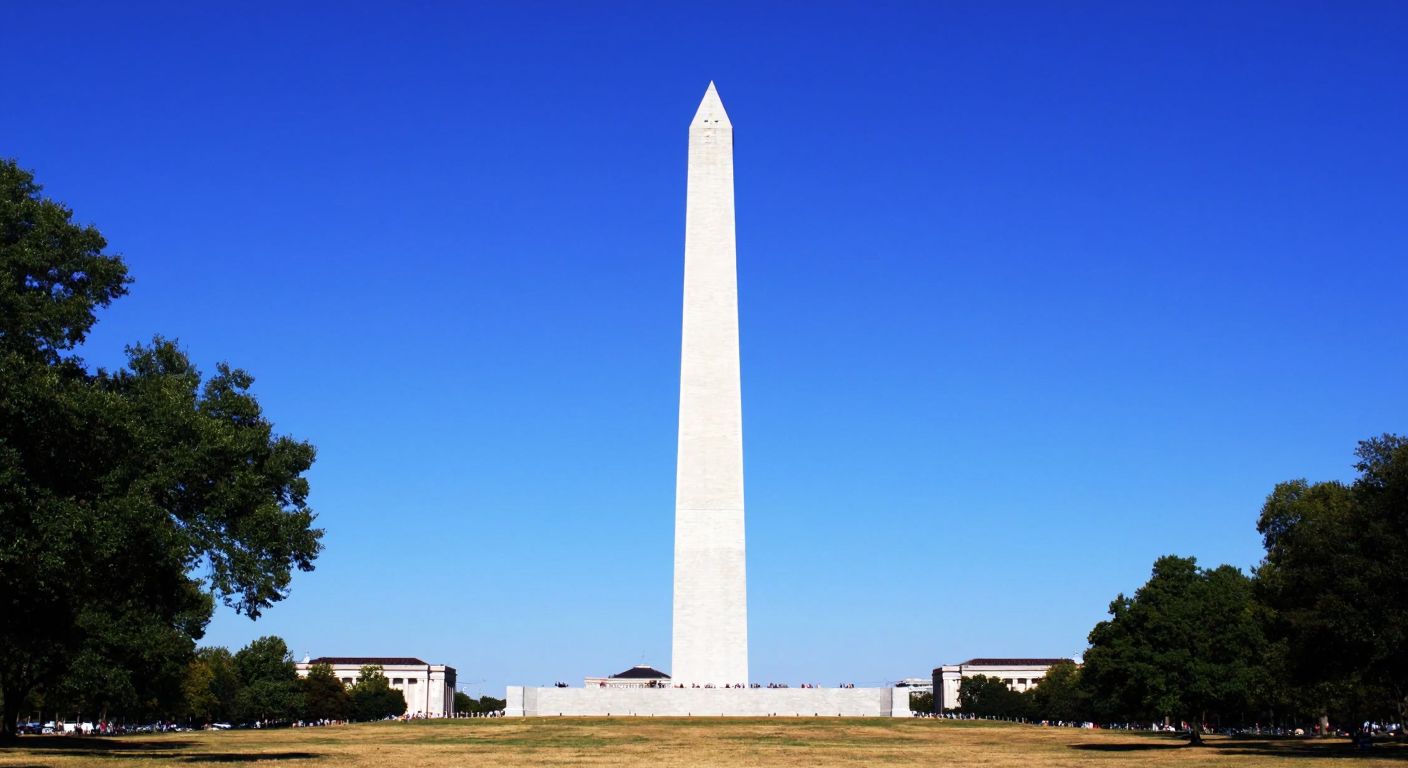 A lone white marble monument, resembling the Washington Monument, stands tall under a clear blue sky, symbolizing the singular capital of the United States.