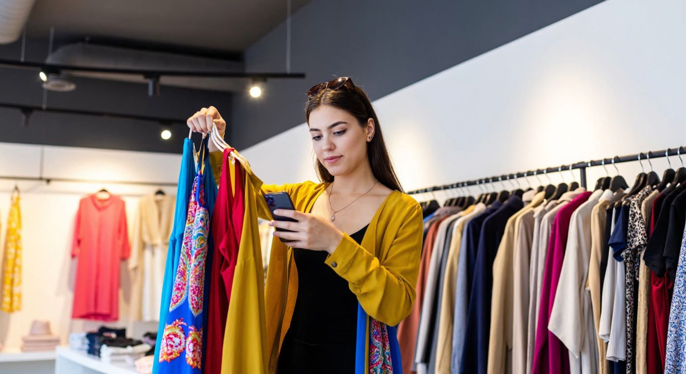A young woman in a modern Turkish clothing store confidently holds up a vibrant dress while checking her phone, surrounded by neatly arranged racks of colorful garments under warm, inviting lighting.
