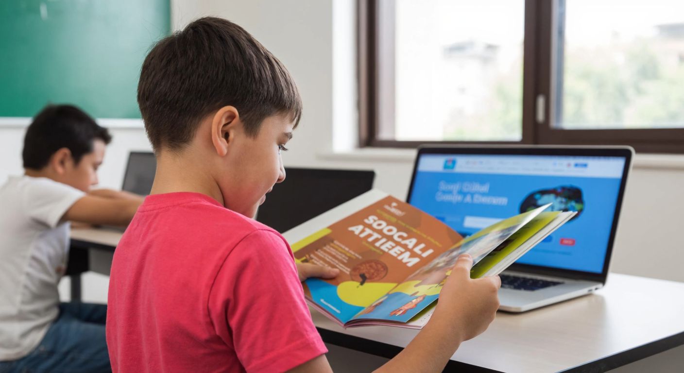 A young student in a Turkish classroom eagerly searches through a colorful workbook labeled "Sosyal Bilgiler Atölyem 5. Sınıf," with a laptop open to a website in the background.