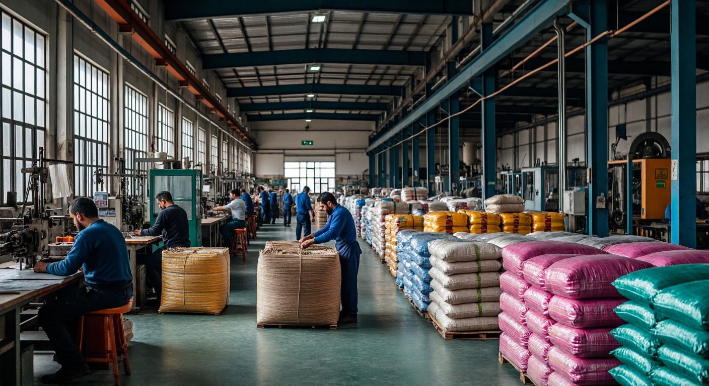 A bustling Turkish factory interior with workers weaving sturdy jute and polypropylene sacks, stacks of colorful printed and plain sacks piled high, and machinery humming in the background.