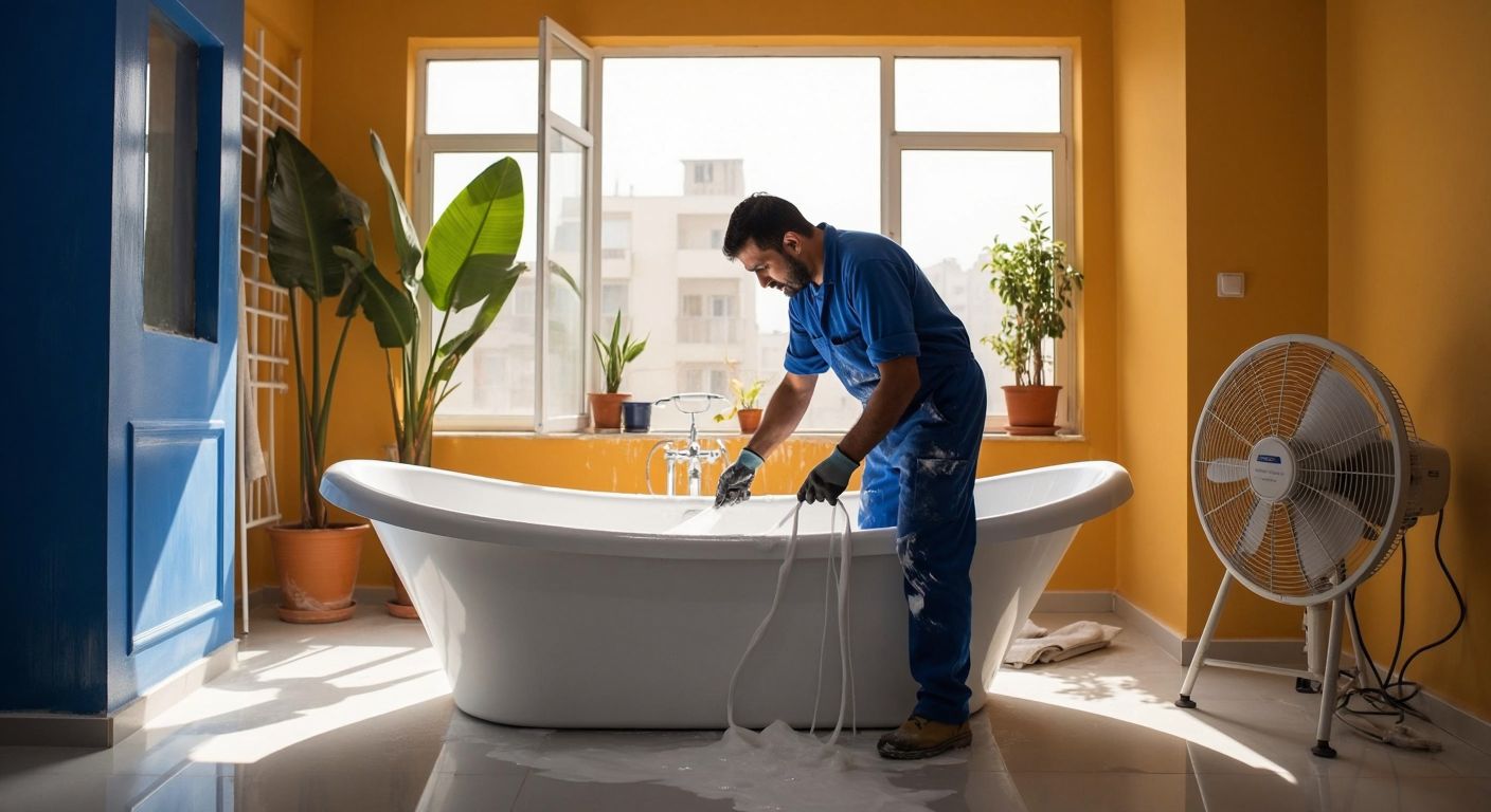 A Turkish worker in a blue jumpsuit carefully applies liquid acrylic to a white bathtub in a sunlit bathroom, with a fan running nearby to aid drying.