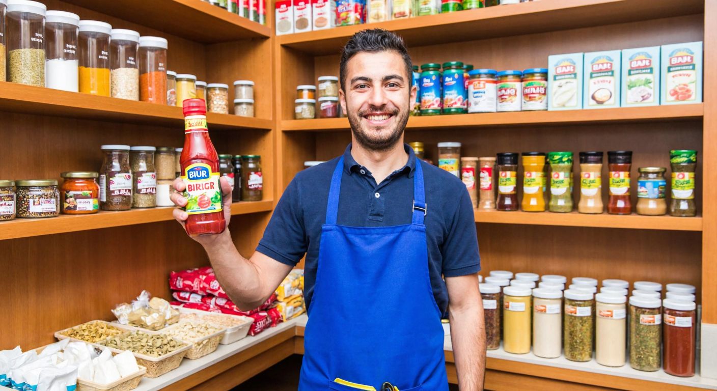 A smiling Turkish grocer holding a bottle of Burcu ketchup on a wooden shelf filled with colorful local spices and condiments.