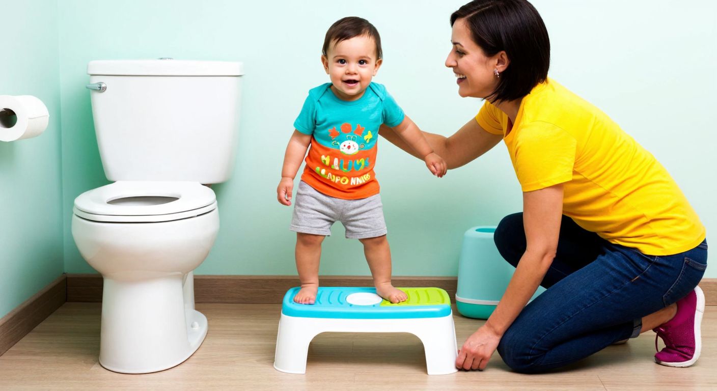 A small, colorful plastic step stool placed in front of a toilet, with a cheerful toddler in a bright T-shirt and shorts standing on it, holding onto the seat, while a smiling adult kneels nearby to assist.