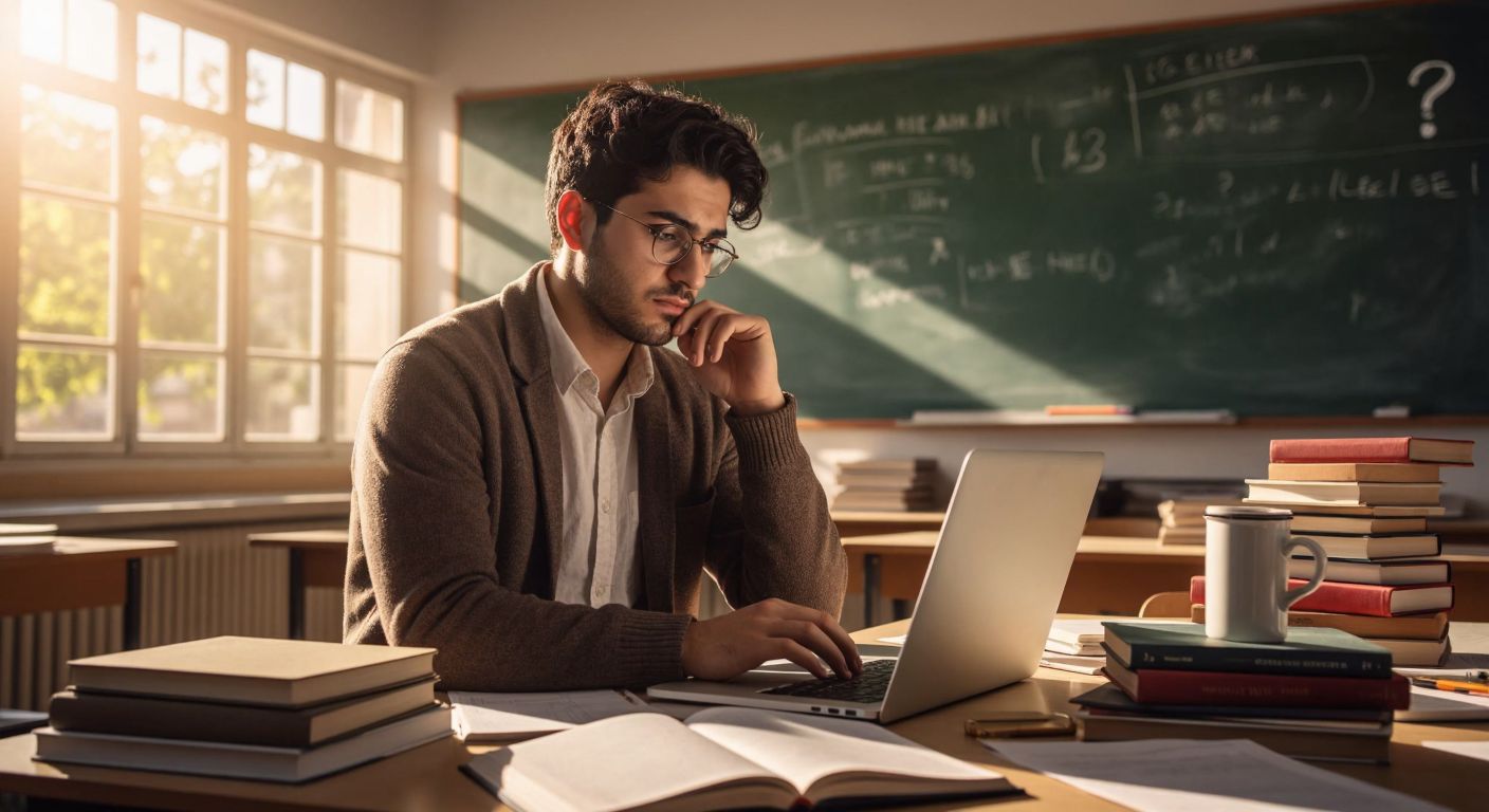 A focused Turkish teacher in a sunlit classroom, thoughtfully typing on a laptop while surrounded by stacks of textbooks and a steaming cup of çay, with a chalkboard in the background showing faint outlines of question marks.