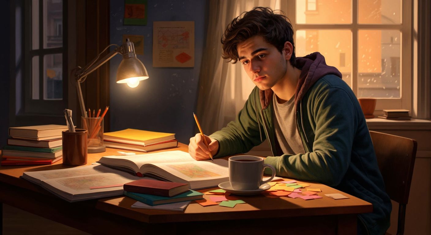 A young Turkish student sits at a wooden desk under a warm lamp, surrounded by open physics textbooks, colorful sticky notes, and a steaming cup of çay, while confidently solving practice problems with a focused expression.