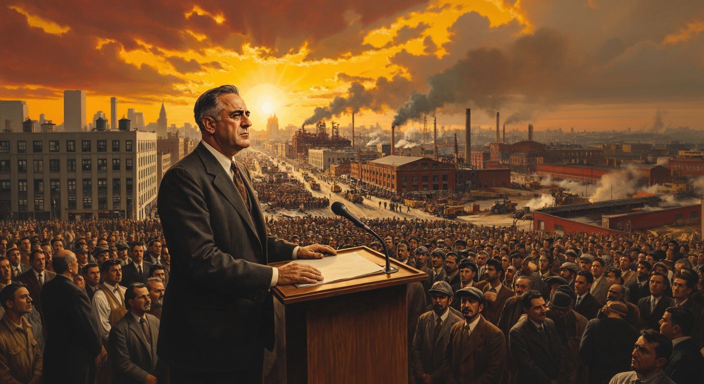 A solemn, determined Franklin D. Roosevelt stands at a podium in a crowded American city, while in the background, Turkish workers construct a factory under a rising sun, symbolizing economic recovery efforts in both nations.