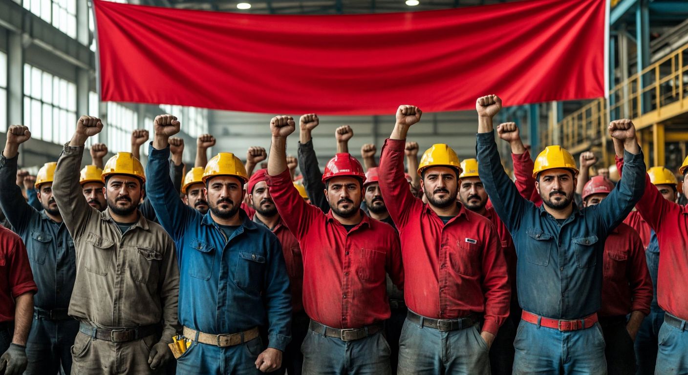 A group of determined Turkish workers in hard hats and work clothes stand together in a factory setting, raising their fists in solidarity under a red banner with no text.