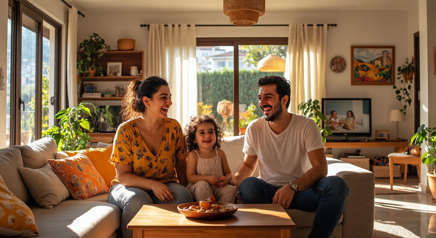A cheerful Turkish couple, Gönül and Emrah Şahan, smiling warmly while filming a casual family moment in their cozy, sunlit living room, surrounded by playful children and vibrant home decor.