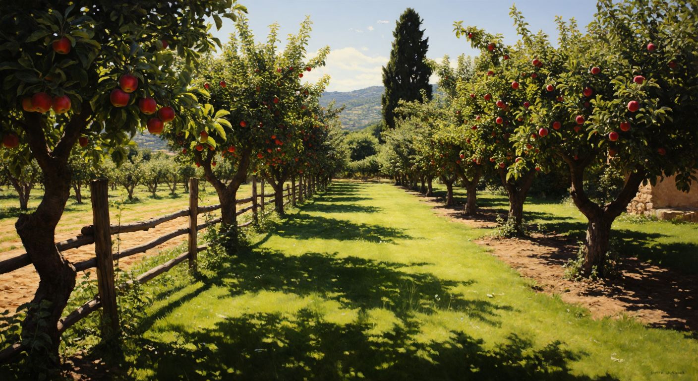A sunlit Turkish garden with slender, upright columnar fruit trees—apple, pear, and cherry—bearing ripe fruits, their narrow trunks surrounded by vibrant green grass and a rustic wooden fence.