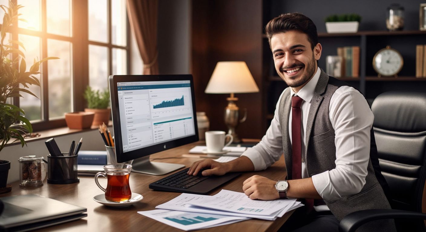 A smiling Turkish accountant in a cozy office with a desktop computer running the Turquaz accounting software, surrounded by neatly organized financial documents and a steaming cup of Turkish tea.