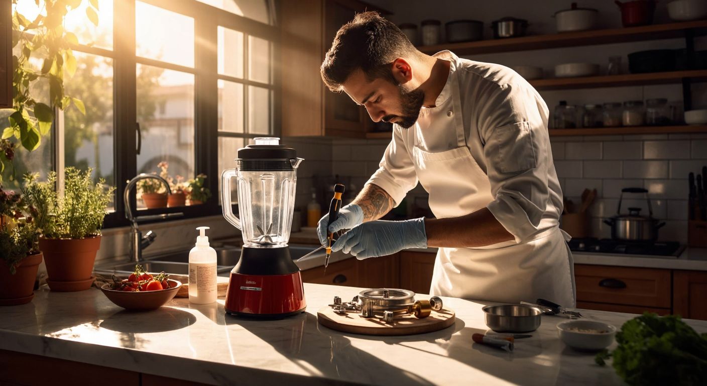 A Turkish chef in a sunlit kitchen carefully unscrews a blender blade with a screwdriver, wearing protective gloves while a disassembled blender base sits on a marble countertop.