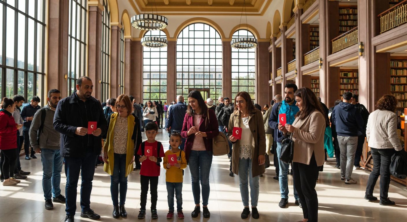 A diverse group of people, including adults and children over five, standing in front of the grand Cumhurbaşkanlığı Millet Kütüphanesi, some holding Turkish ID cards while others browse books inside the sunlit reading hall.