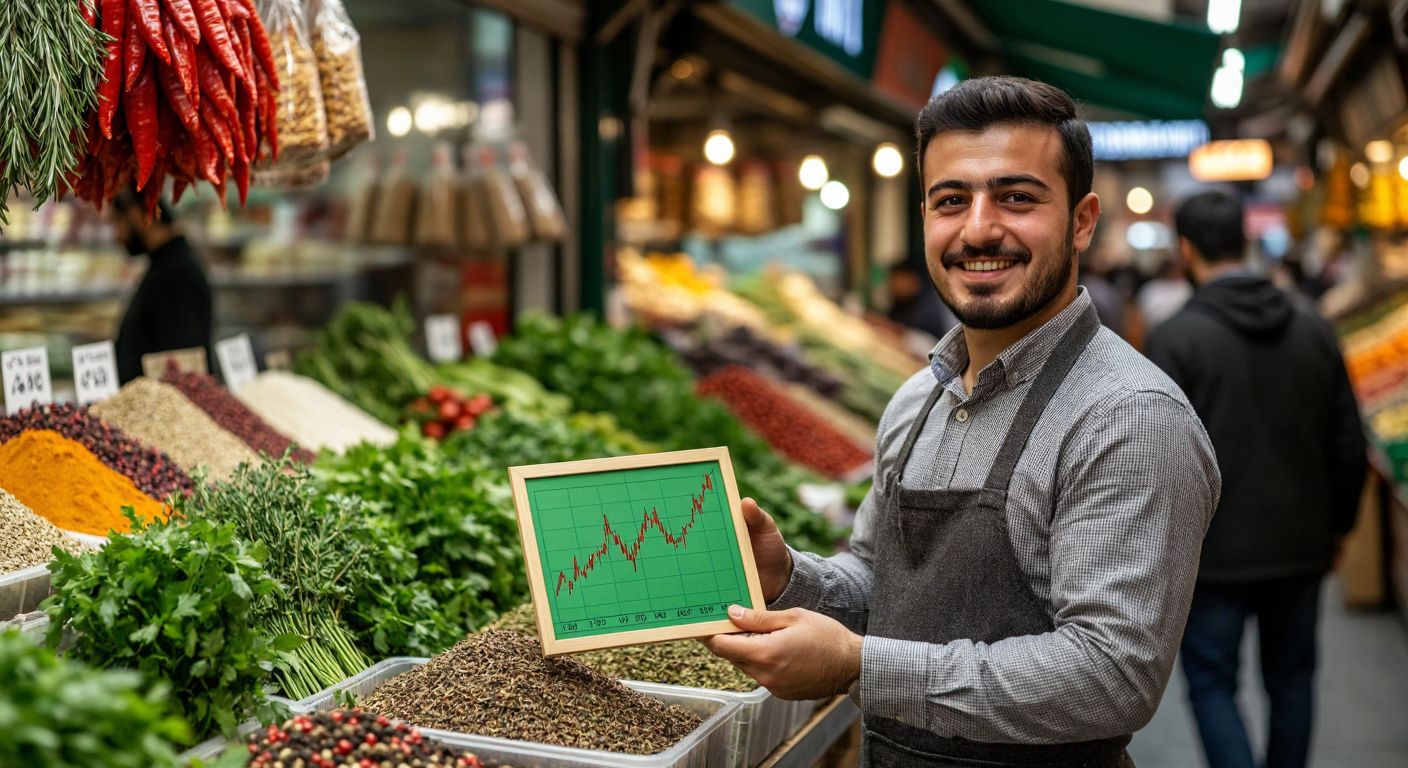A Turkish stock trader in a bustling Istanbul bazaar, smiling confidently while holding a green chart with a rising peak, surrounded by fresh herbs and spices.