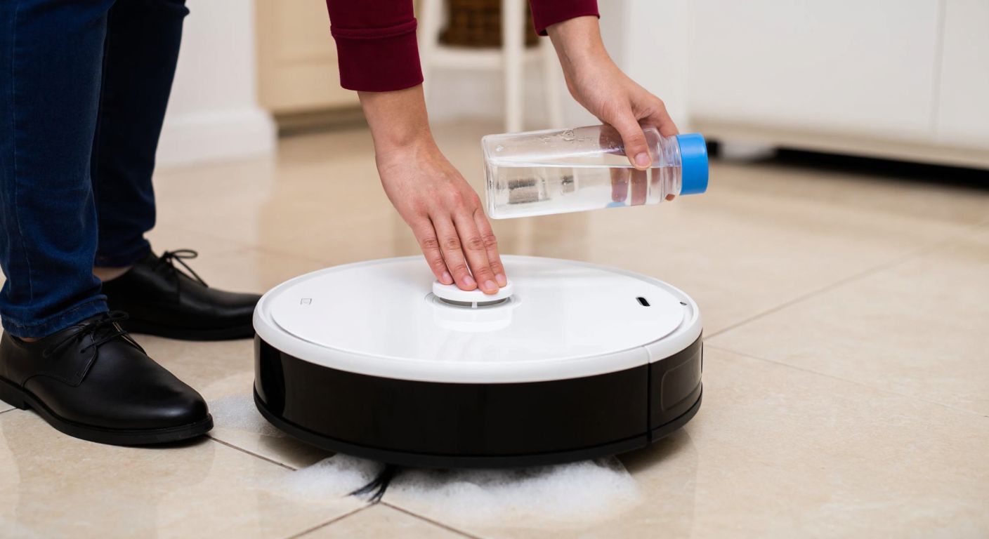 A person in a Turkish home carefully pouring a clear cleaning solution from a small bottle into a bucket of water, with a sleek Dreame robot vacuum nearby on a tiled floor.