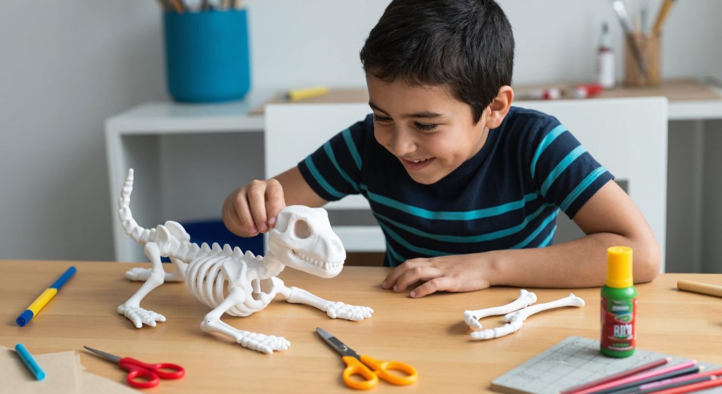 A smiling Turkish child carefully assembles a white cardboard skeleton model on a wooden table, surrounded by scattered art supplies like scissors, glue, and colored pencils.