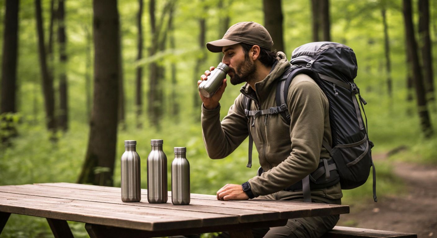 A Turkish hiker in a green forest pauses to sip water from a compact, stainless steel canteen strapped to their backpack, surrounded by various-sized mataras (500ml, 750ml, 1L) placed on a wooden picnic table.
